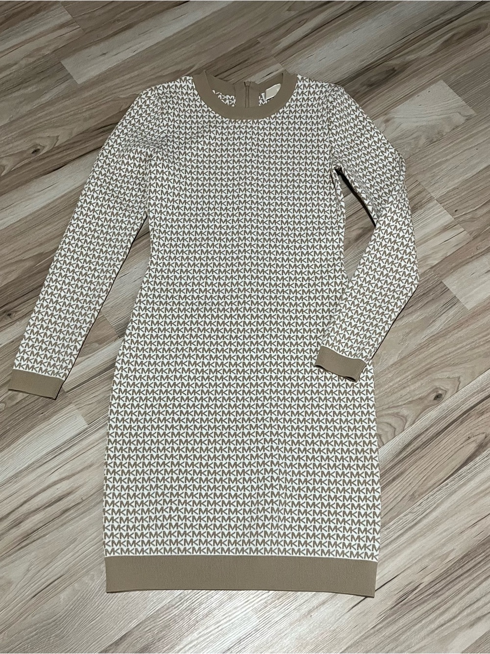 Michael Kors Taupe and Cream Logo Knit Long-Sleeve Dress